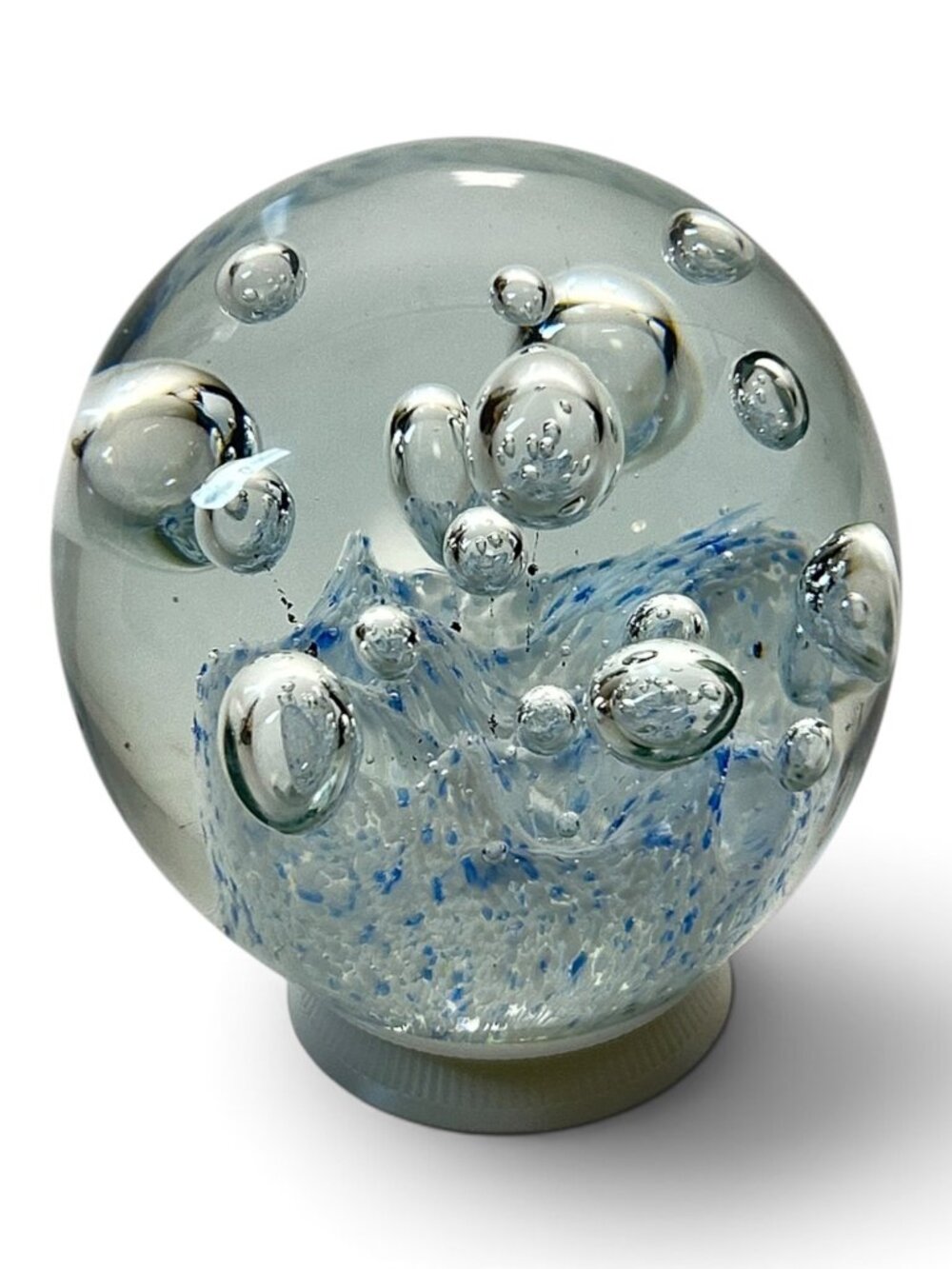 Vintage Hand Blown Blue White Controlled Bubble Mountain Art Glass Paperweight 3